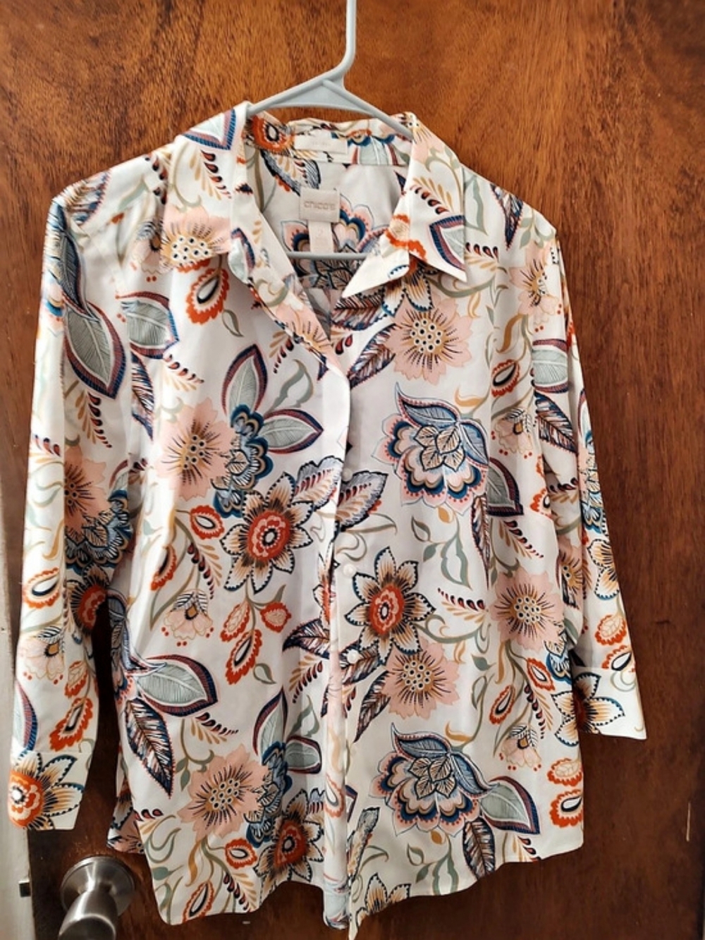 Chico's Floral Button Down Blouse in White & Blue Size 2